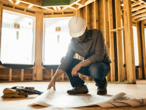 A home improvement contractor reviewing renovation blueprints